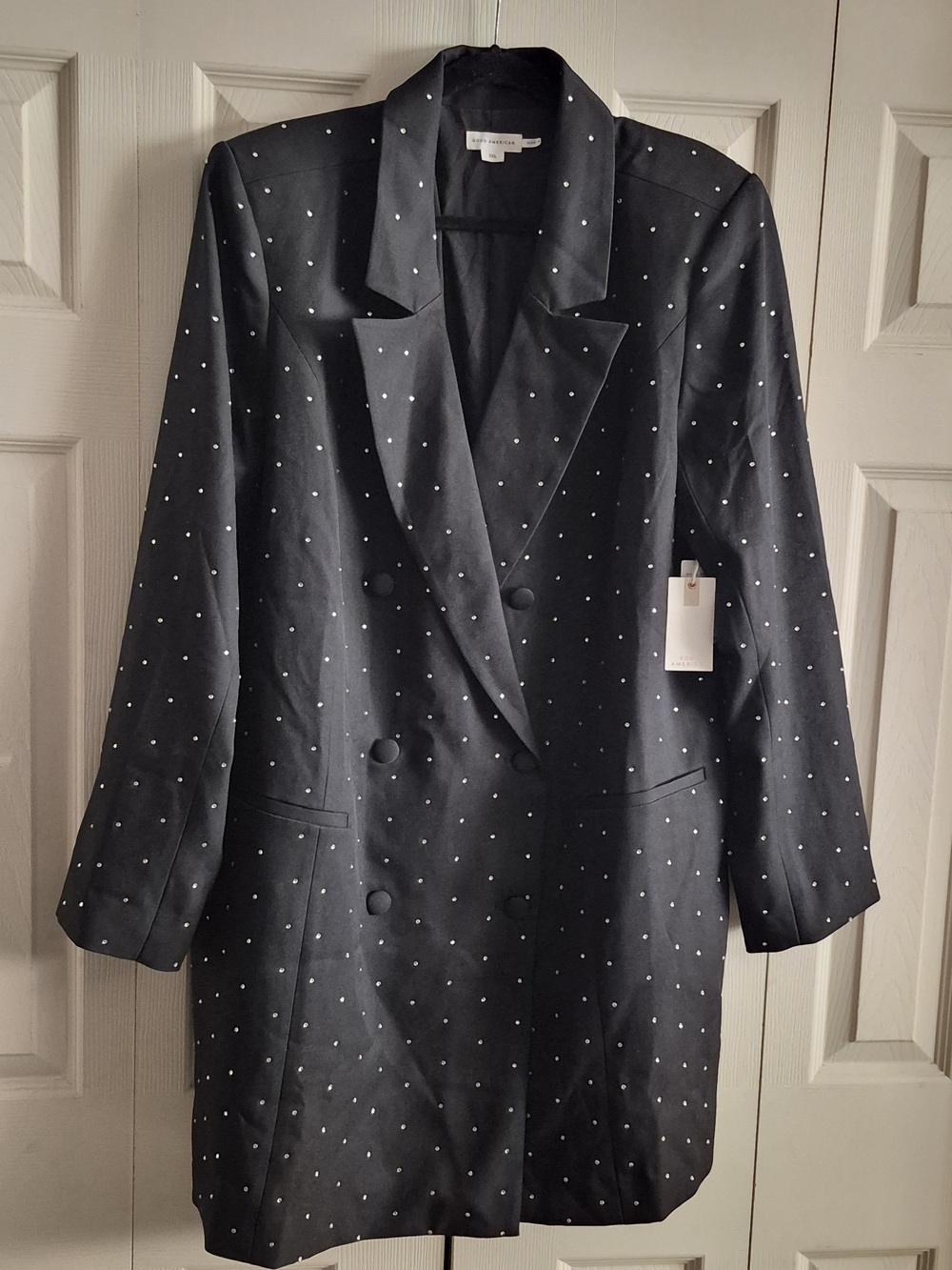 Good American Black Double-Breasted Blazer with White Dot Embellishments